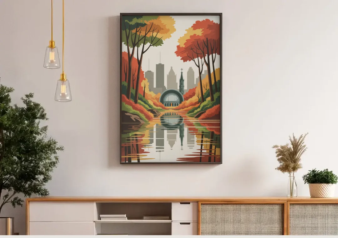 Montreal Autumn Foliage canvas wall art above a wooden sideboard under pendant lights