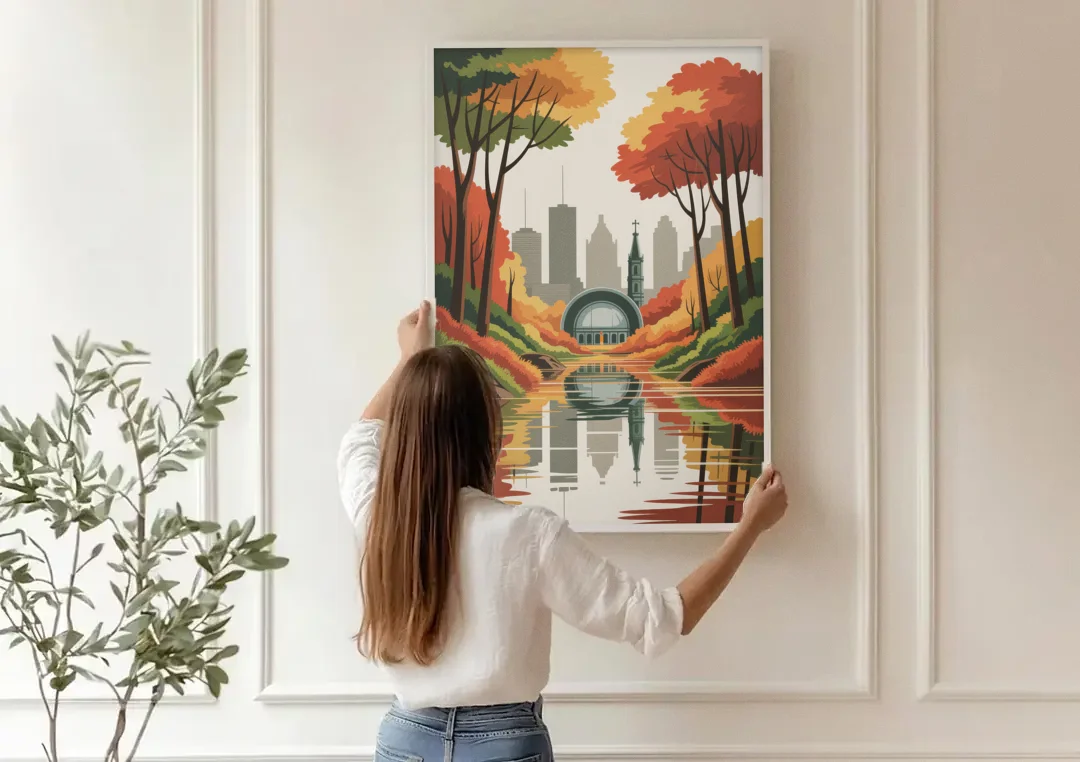 Montreal Autumn Foliage canvas wall art being hung on a paneled wall