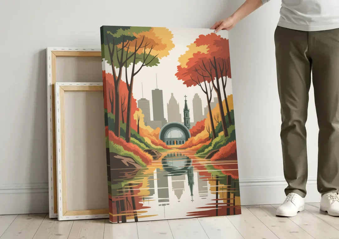 Montreal Autumn Foliage canvas wall art leaning against a wall next to blank canvases