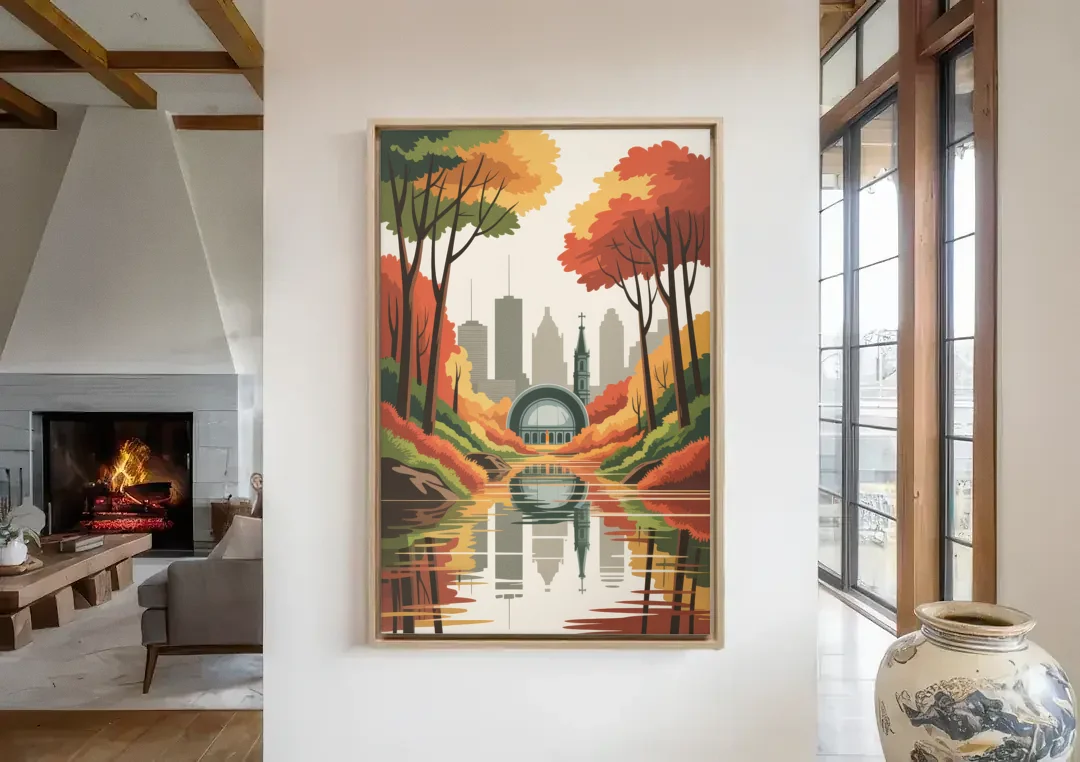 Montreal Autumn Foliage canvas wall art in a living room with a fireplace