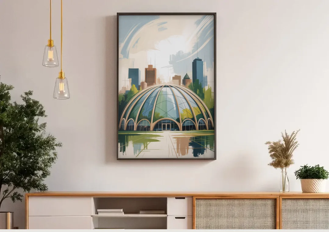 Montreal Biodome Wonder canvas wall art above a wooden sideboard under pendant lights