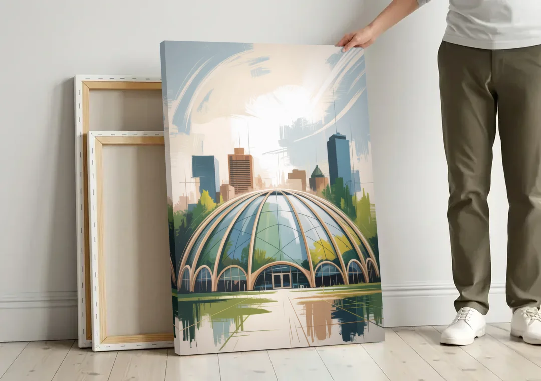 Montreal Biodome Wonder canvas wall art leaning against a wall next to blank canvases