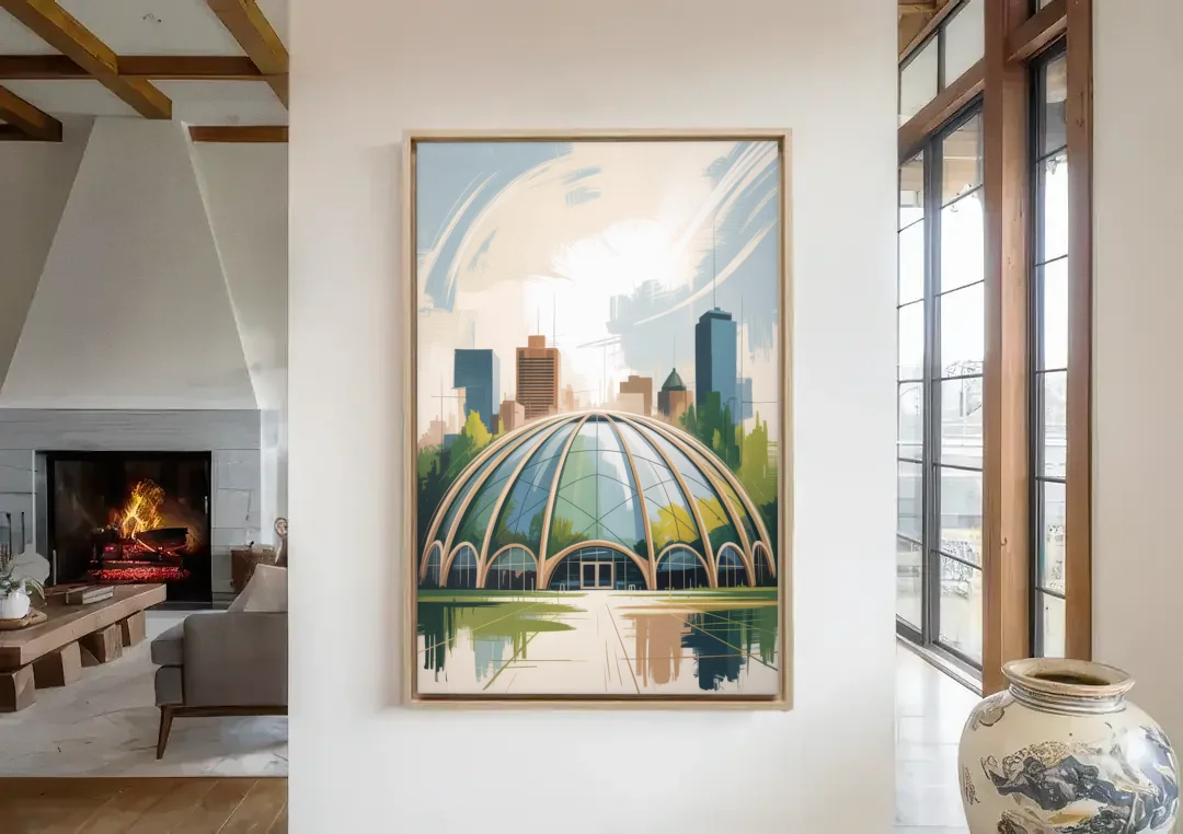 Montreal Biodome Wonder canvas wall art in a living room with a fireplace