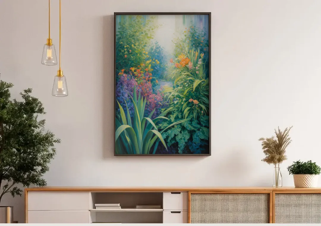 Montreal Botanical Garden canvas wall art above a wooden sideboard under pendant lights