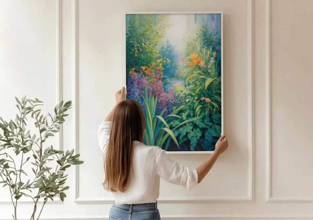 Montreal Botanical Garden canvas wall art being hung on a paneled wall