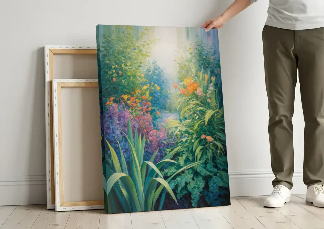 Montreal Botanical Garden canvas wall art leaning against a wall next to blank canvases