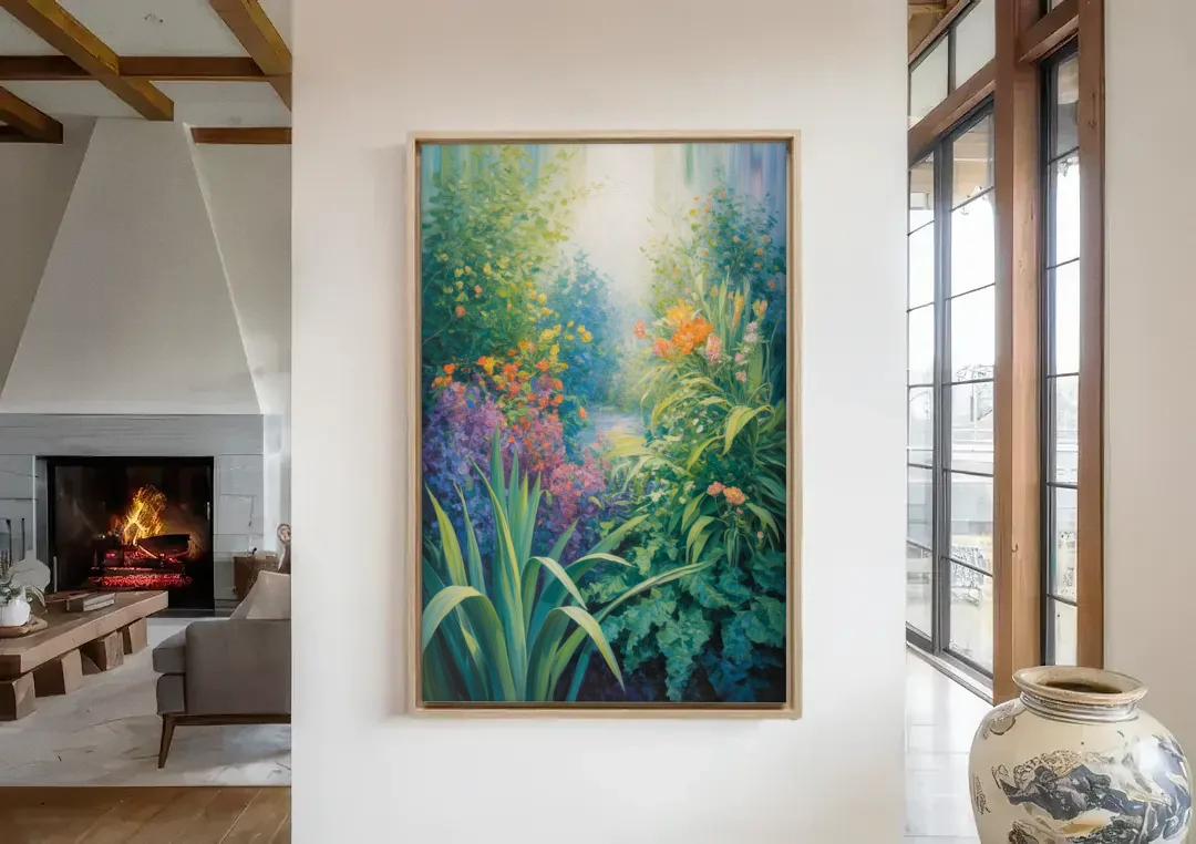 Montreal Botanical Garden canvas wall art in a living room with a fireplace