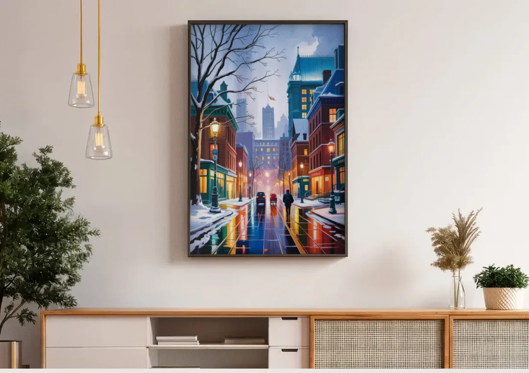 Montreal City in Winter canvas wall art above a wooden sideboard under pendant lights