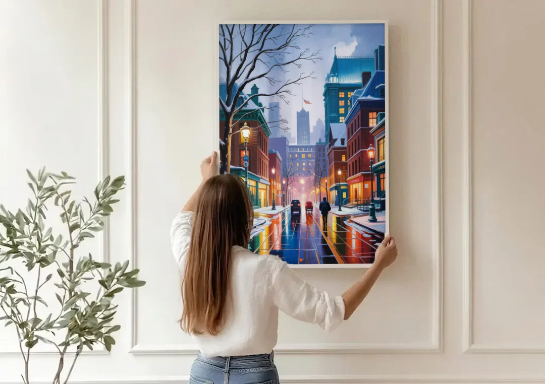 Montreal City in Winter canvas wall art being hung on a paneled wall