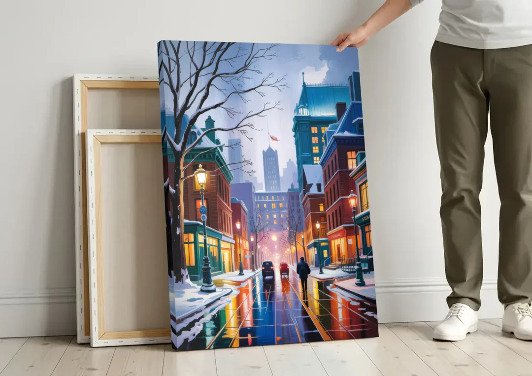 Montreal City in Winter canvas wall art leaning against a wall next to blank canvases