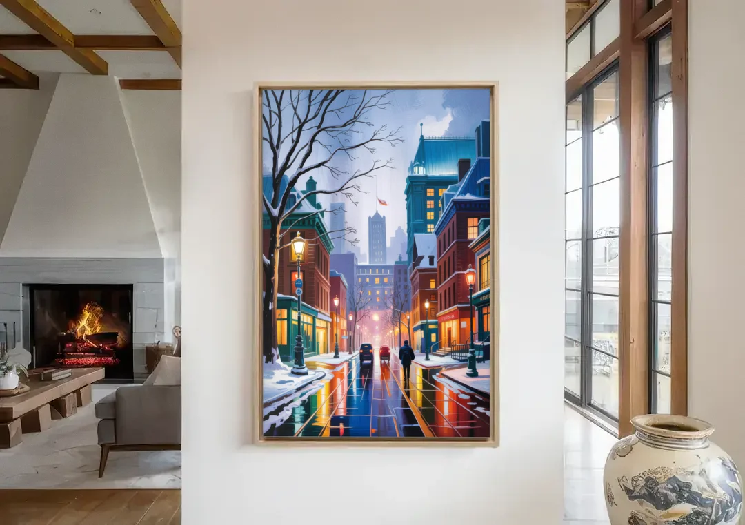 Montreal City in Winter canvas wall art in a living room with a fireplace