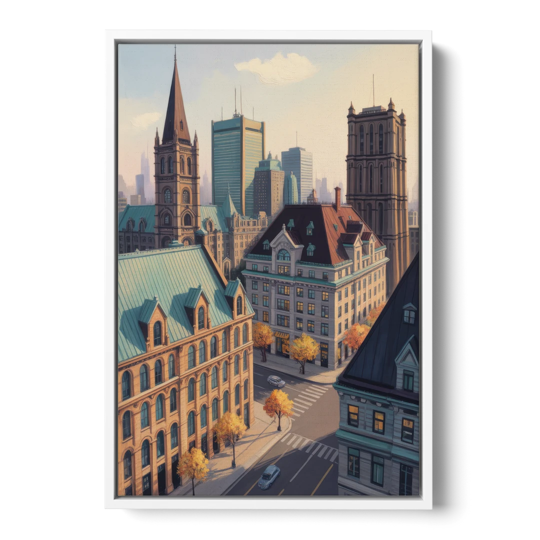 Montreal Historic Buildings - White Framed Canvas Wall Art - Front