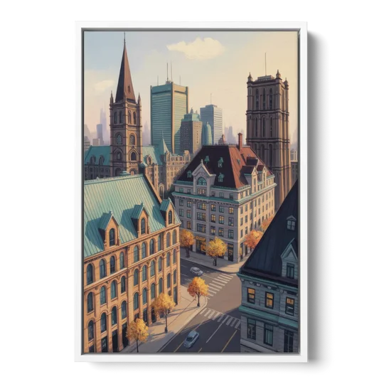 Montreal Historic Buildings - White Framed Canvas Wall Art - Front