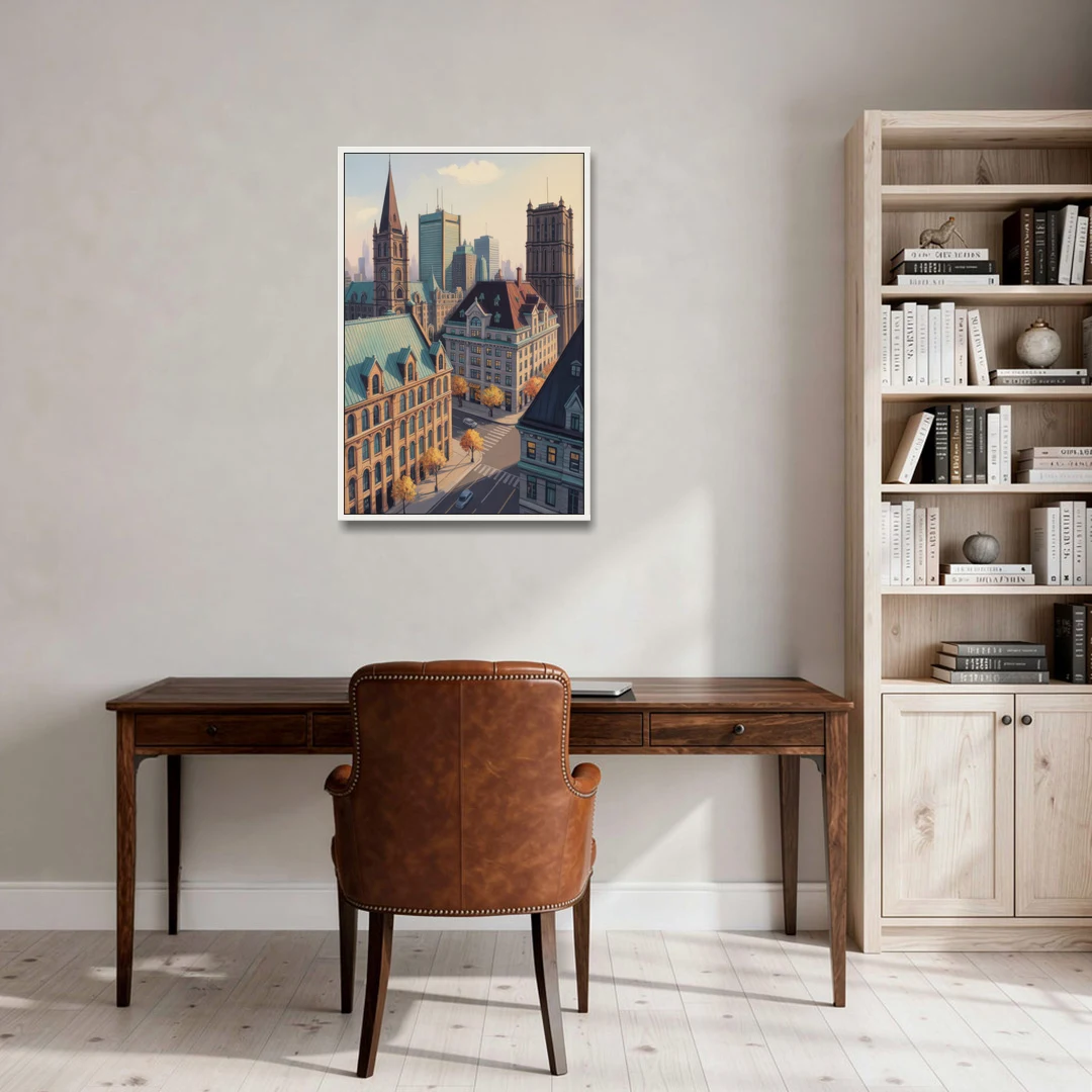 Montreal Historic Buildings - White Framed Canvas Wall Art - Office - 24x36