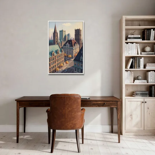 Montreal Historic Buildings - White Framed Canvas Wall Art - Office - 24x36