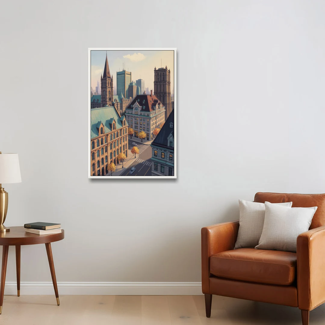 Montreal Historic Buildings - White Framed Canvas Wall Art - Sofa - 24x36