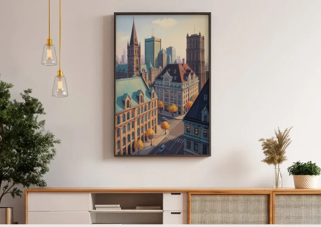 Montreal Historic Buildings canvas wall art above a wooden sideboard under pendant lights