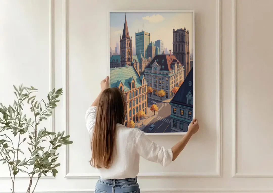 Montreal Historic Buildings canvas wall art being hung on a paneled wall