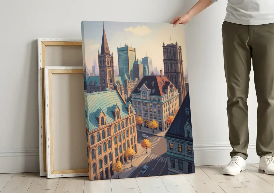 Montreal Historic Buildings canvas wall art leaning against a wall next to blank canvases
