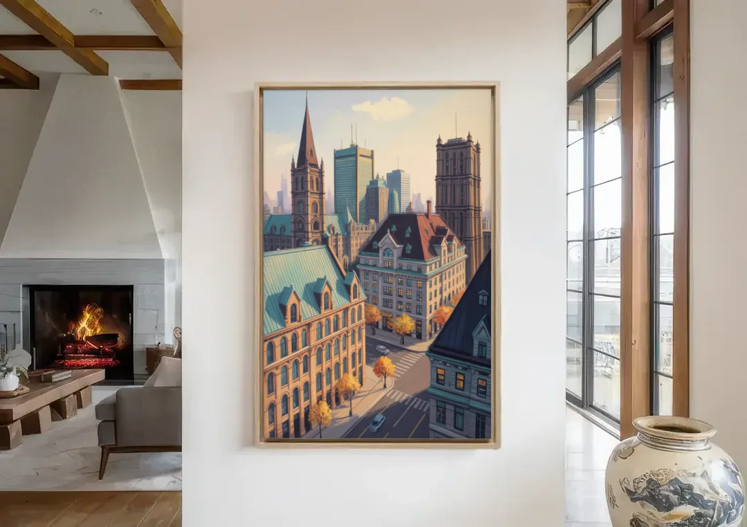 Montreal Historic Buildings canvas wall art in a living room with a fireplace