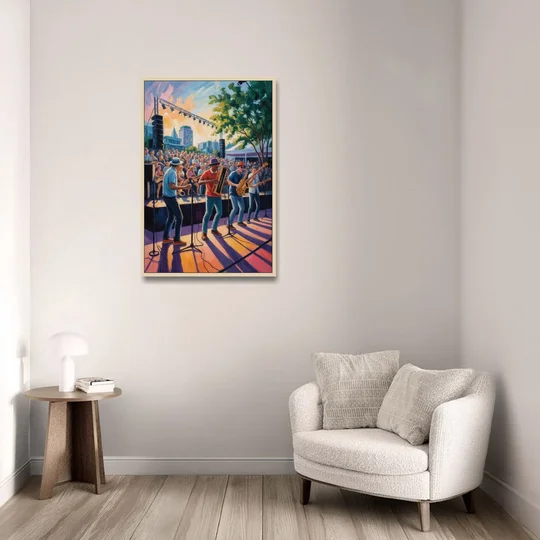 Montreal Jazz Festival Scene - Oak Framed Canvas Wall Art - Sofa - 24x36