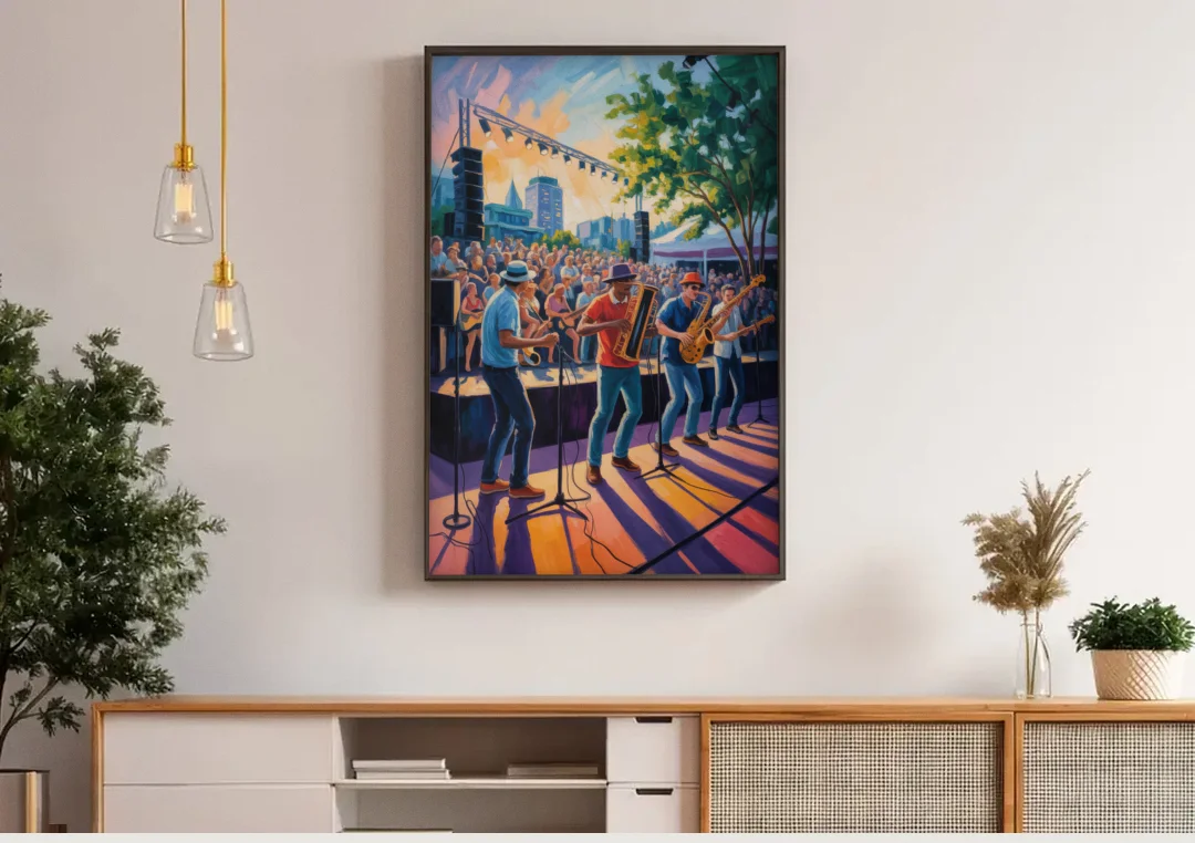 Montreal Jazz Festival Scene canvas wall art above a wooden sideboard under pendant lights