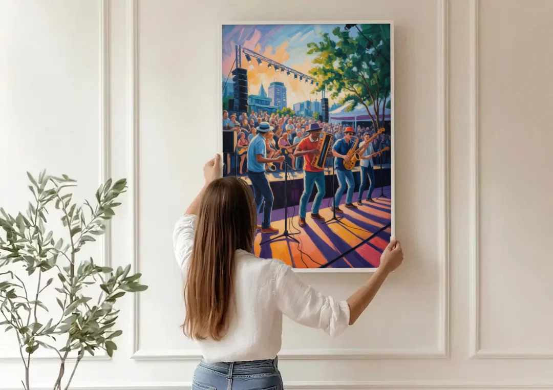 Montreal Jazz Festival Scene canvas wall art being hung on a paneled wall