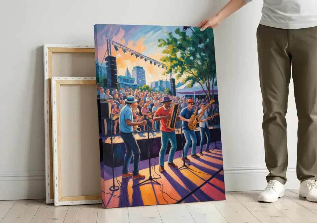 Montreal Jazz Festival Scene canvas wall art leaning against a wall next to blank canvases