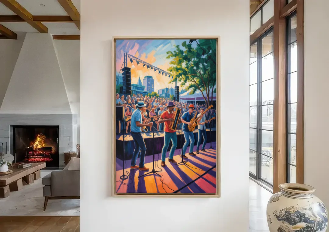 Montreal Jazz Festival Scene canvas wall art in a living room with a fireplace