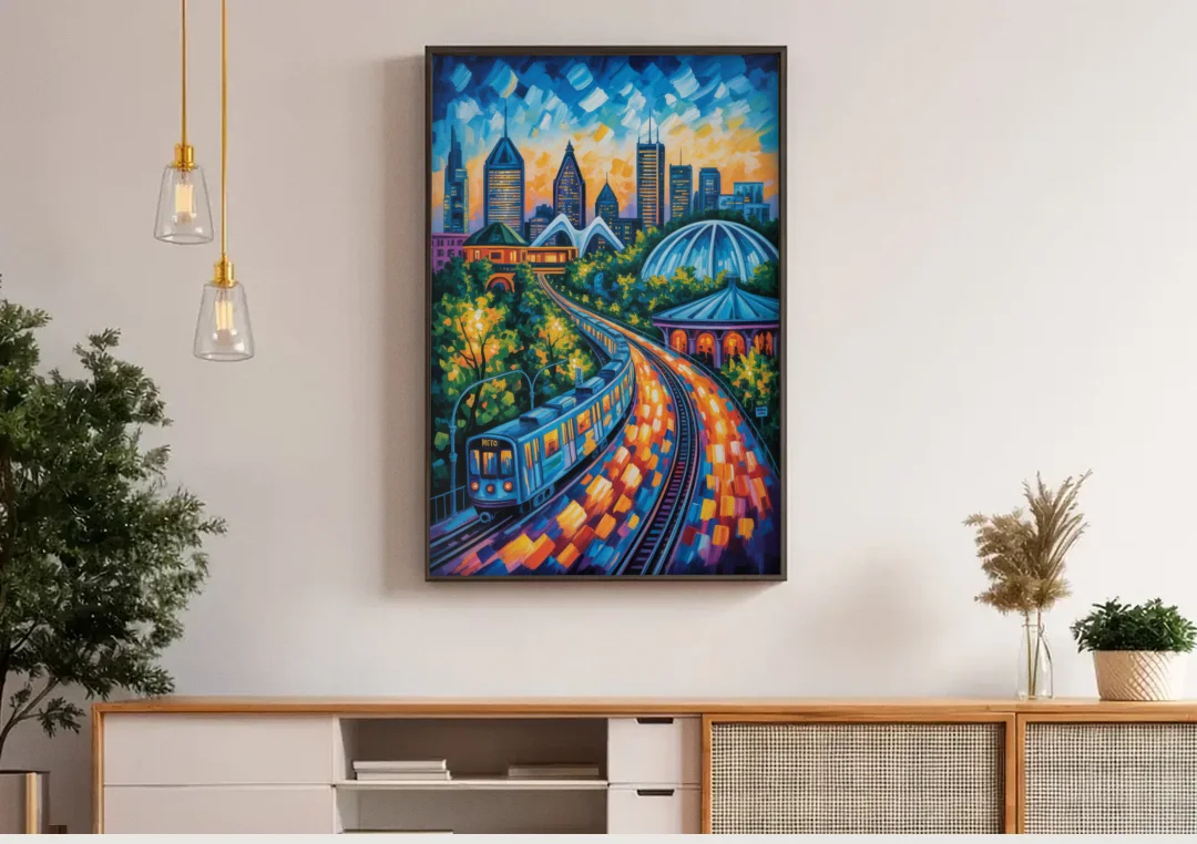 Montreal Metro Art canvas wall art above a wooden sideboard under pendant lights