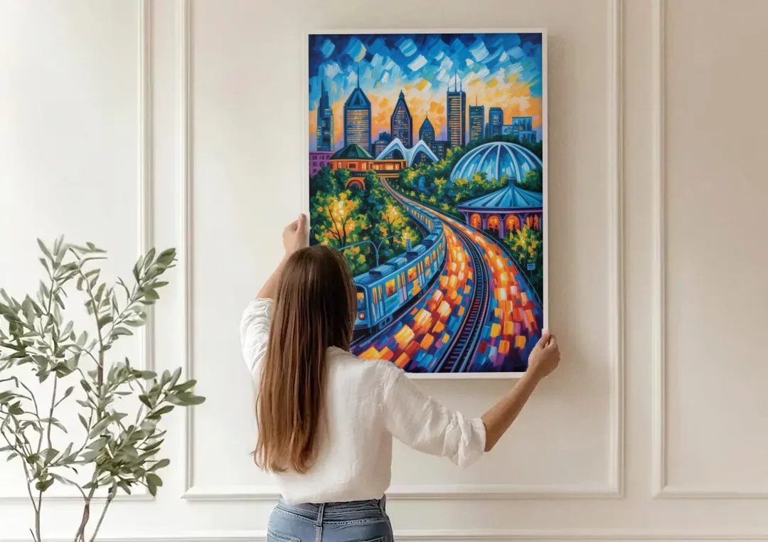 Montreal Metro Art canvas wall art being hung on a paneled wall