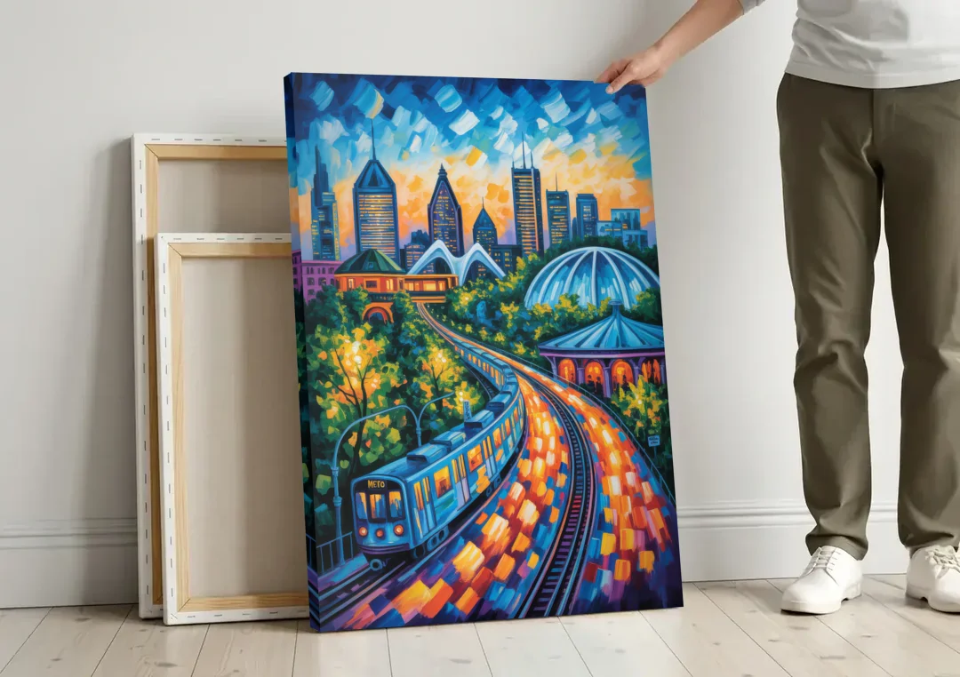Montreal Metro Art canvas wall art leaning against a wall next to blank canvases