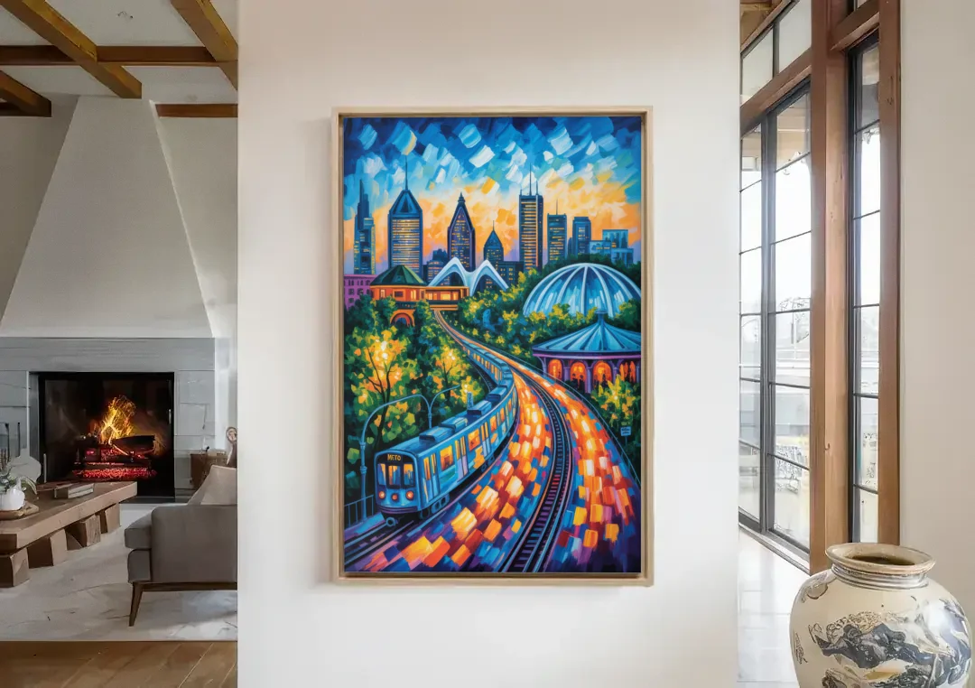 Montreal Metro Art canvas wall art in a living room with a fireplace