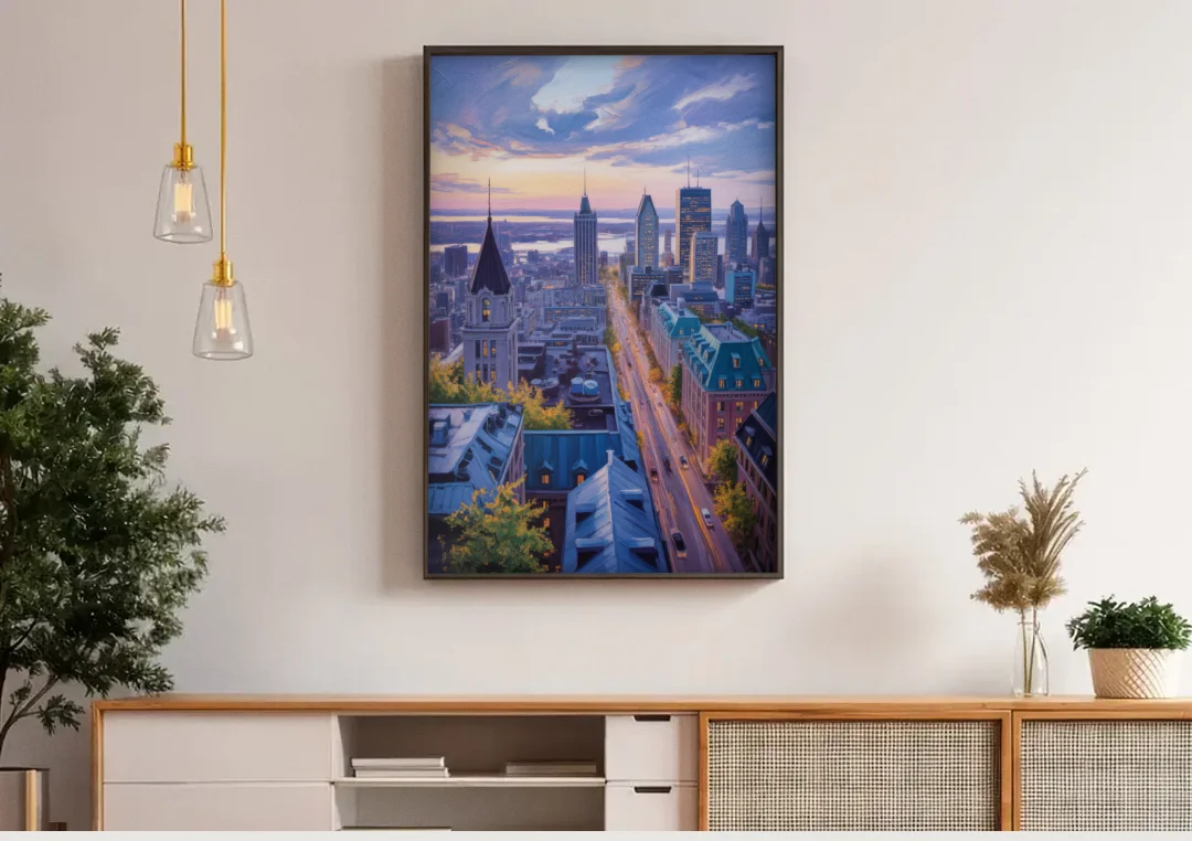 Montreal Rooftop View canvas wall art above a wooden sideboard under pendant lights