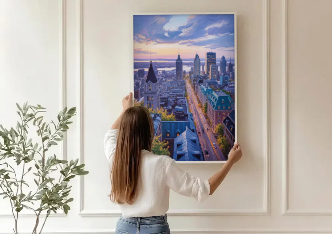 Montreal Rooftop View canvas wall art being hung on a paneled wall