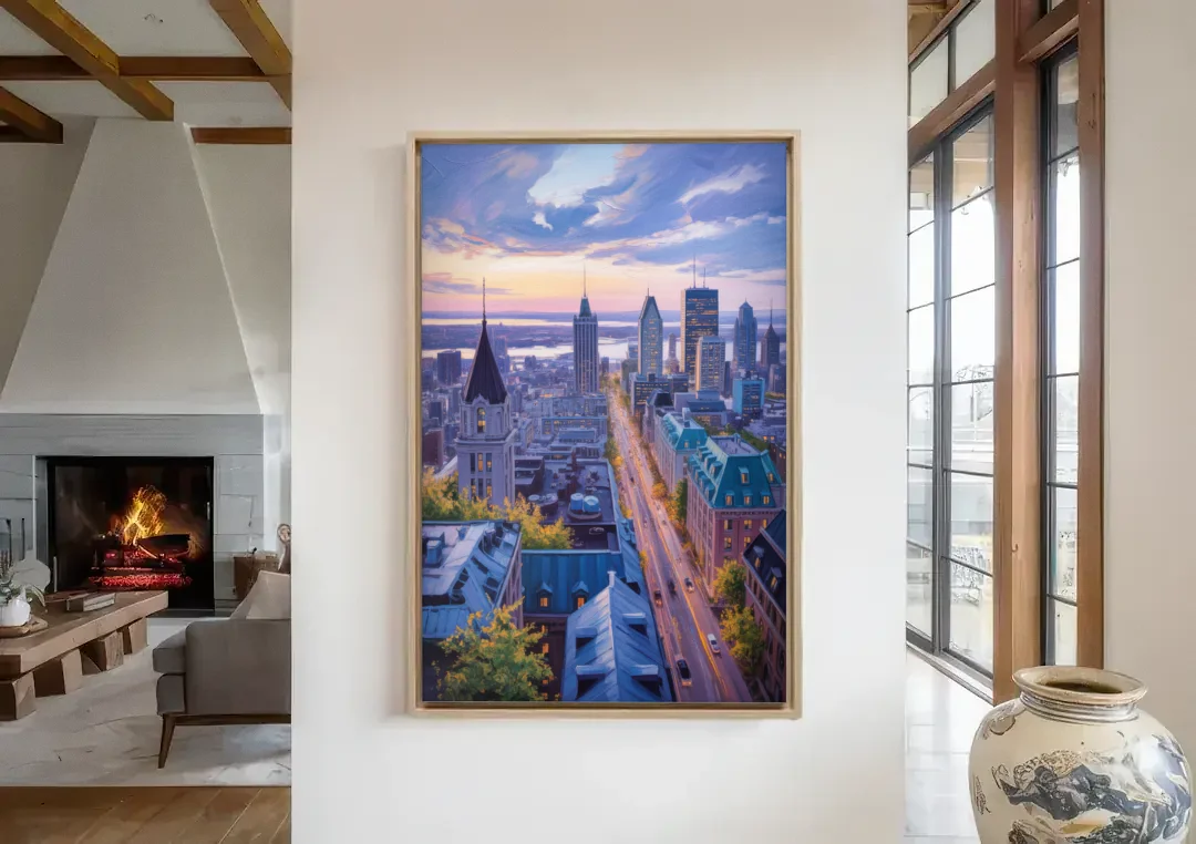 Montreal Rooftop View canvas wall art in a living room with a fireplace