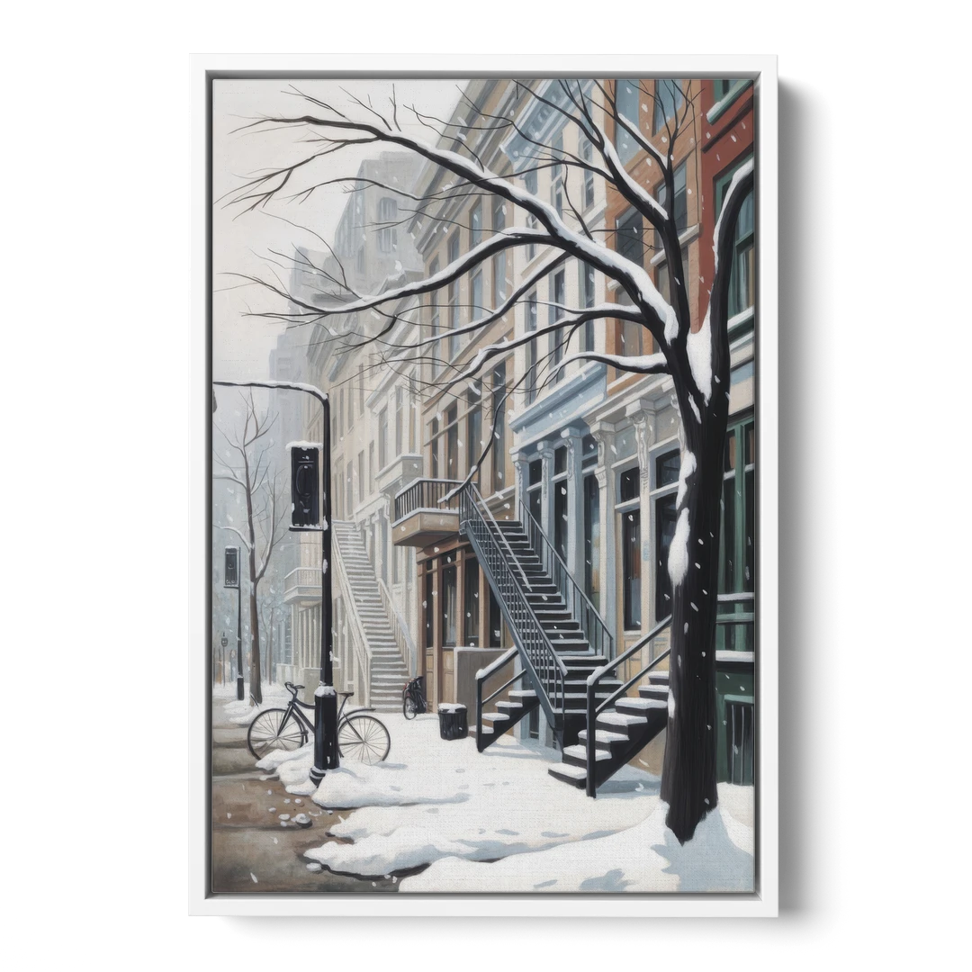 Montreal Snowy Streets - White Framed Canvas Wall Art - Front