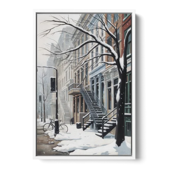 Montreal Snowy Streets - White Framed Canvas Wall Art - Front