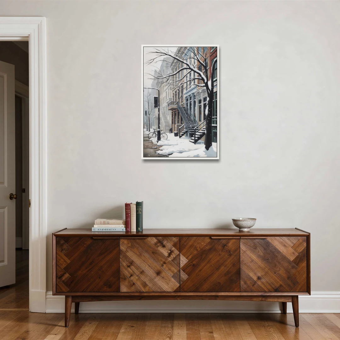 Montreal Snowy Streets - White Framed Canvas Wall Art - Coffee Table - 24x36