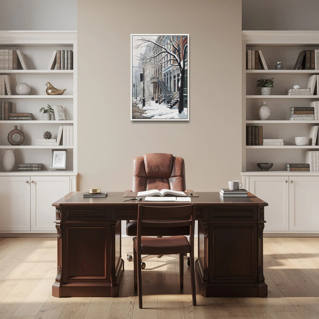 Montreal Snowy Streets - White Framed Canvas Wall Art - Office - 24x36