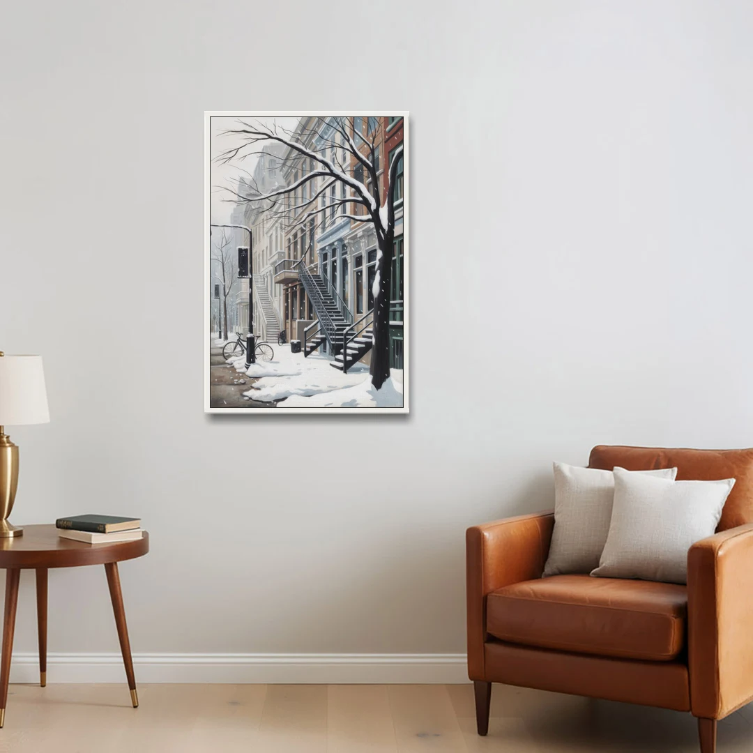 Montreal Snowy Streets - White Framed Canvas Wall Art - Sofa - 24x36