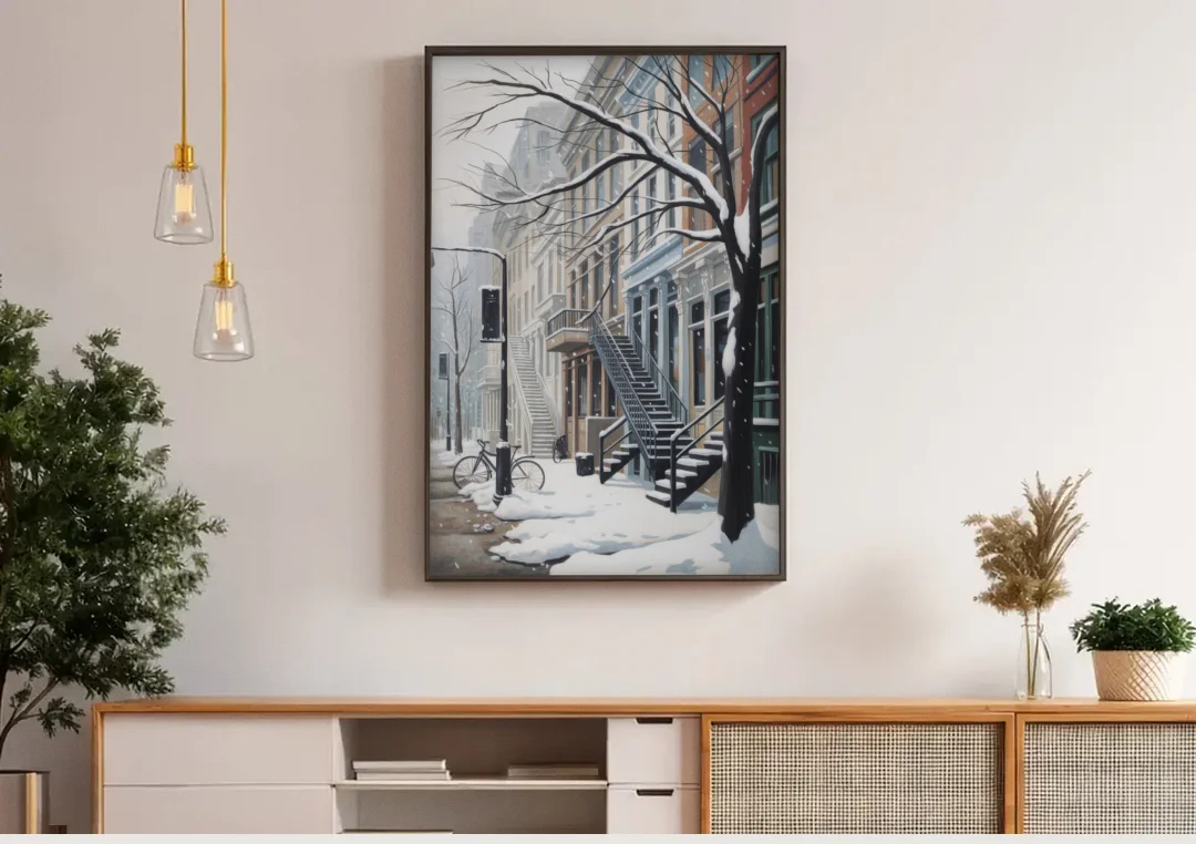 Montreal Snowy Streets canvas wall art above a wooden sideboard under pendant lights