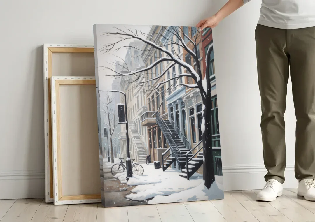 Montreal Snowy Streets canvas wall art leaning against a wall next to blank canvases