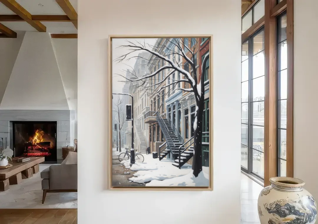 Montreal Snowy Streets canvas wall art in a living room with a fireplace