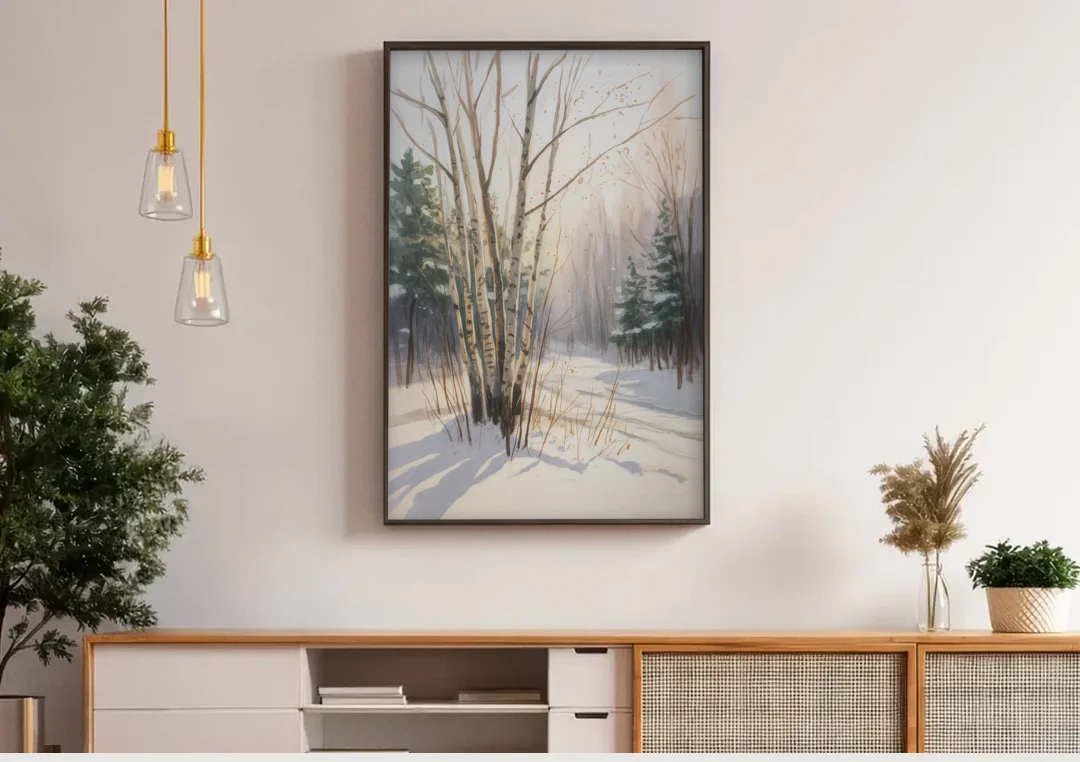 Montreal Winter Charm canvas wall art above a wooden sideboard under pendant lights