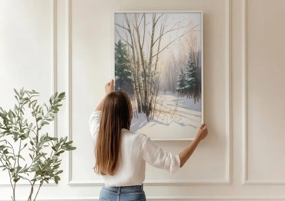 Montreal Winter Charm canvas wall art being hung on a paneled wall