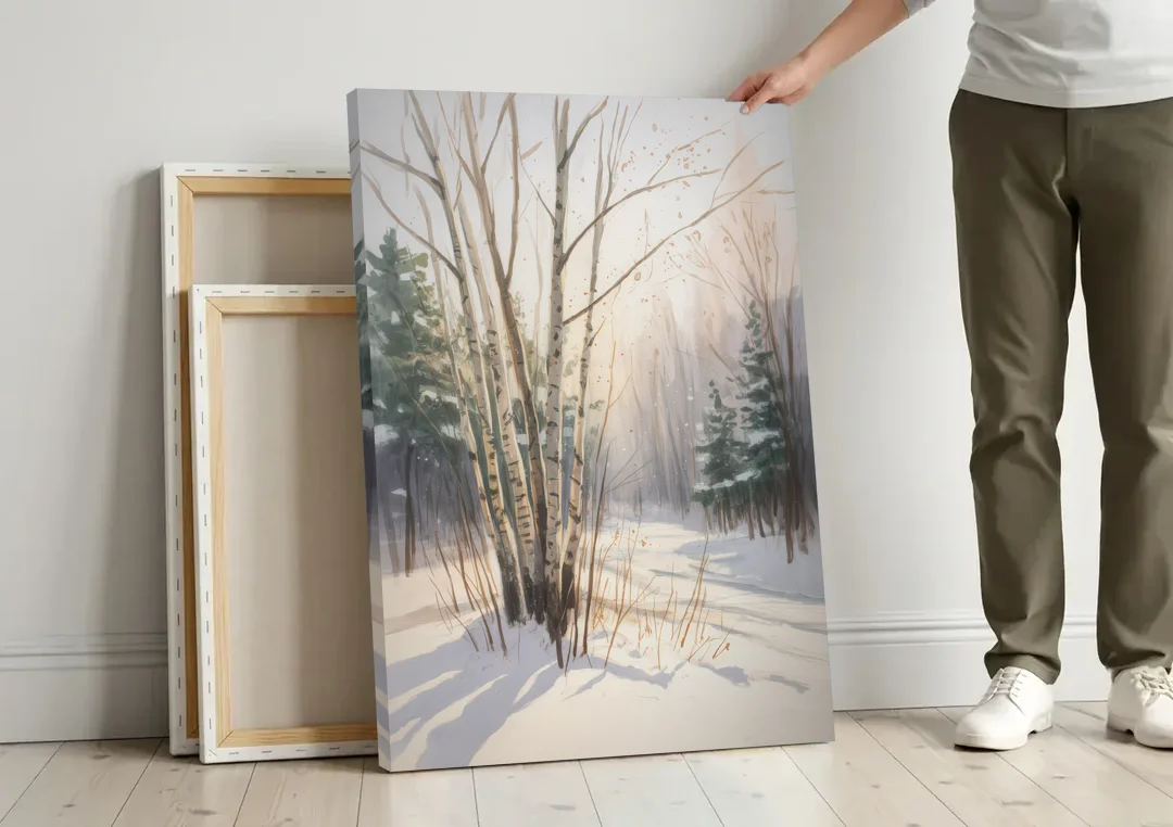 Montreal Winter Charm canvas wall art leaning against a wall next to blank canvases