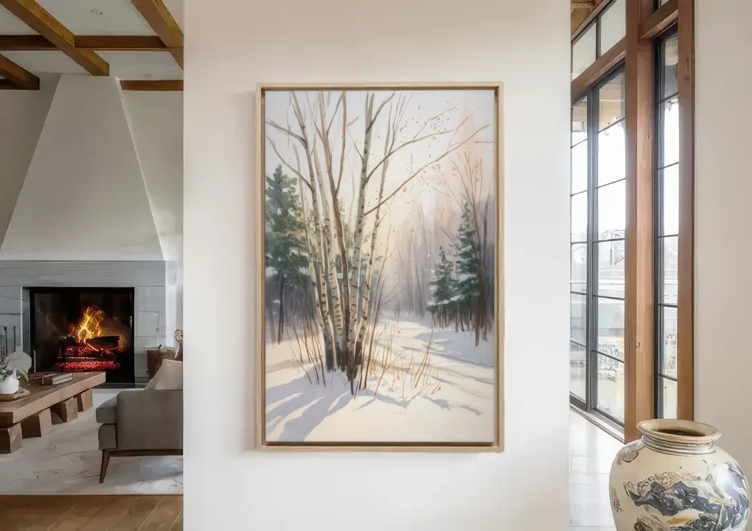 Montreal Winter Charm canvas wall art in a living room with a fireplace