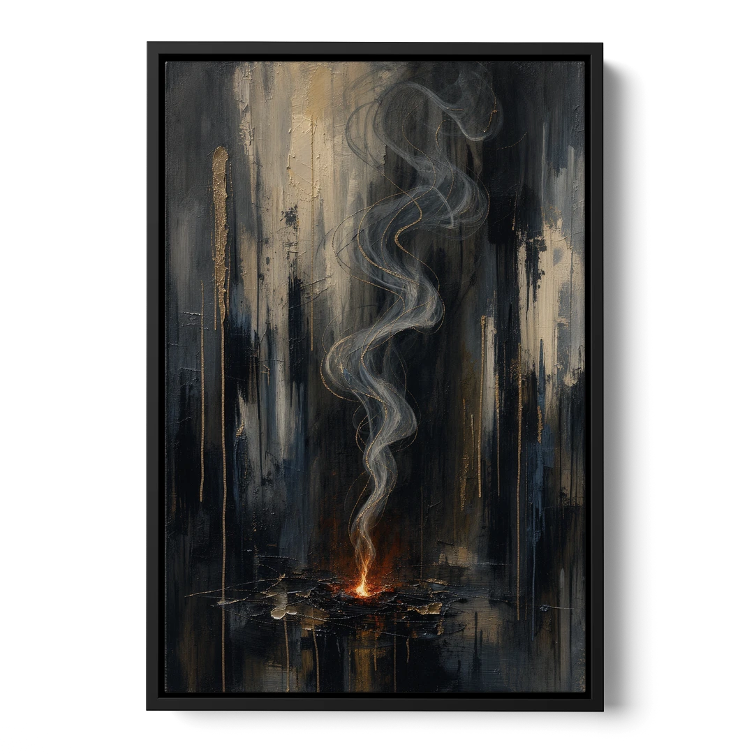 Moody Abstract Painting of Rising Smoke - Black Framed Canvas Wall Art - Front