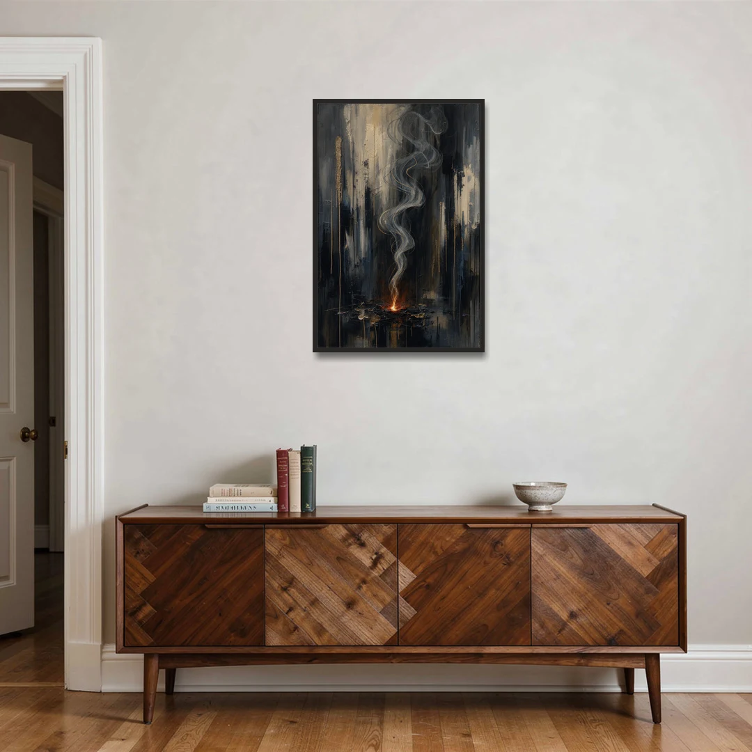 Moody Abstract Painting of Rising Smoke - Black Framed Canvas Wall Art - Coffee Table - 24x36